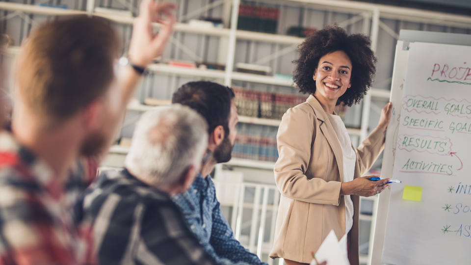 Business analyst presenting to an audience pic
