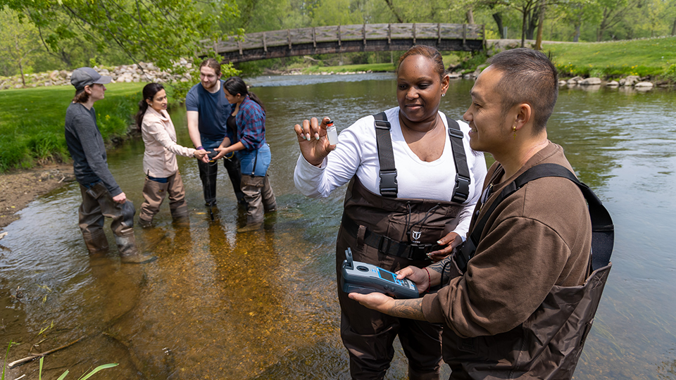 people in a body of water testing outdoor water quality