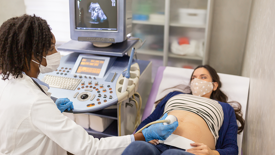 Diagnostic Medical Sonography doctor ultrasounds a patient's belly