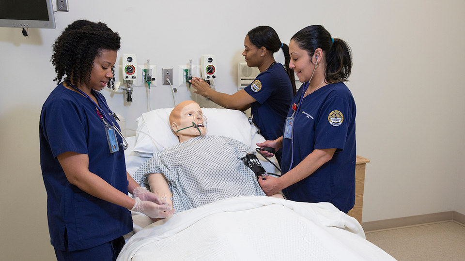 students working on simulated patient