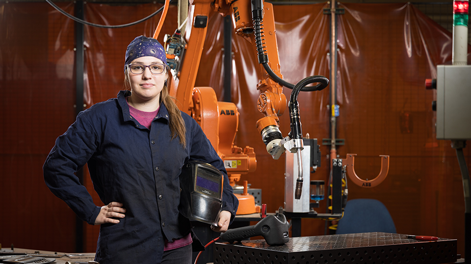 woman in welding gear