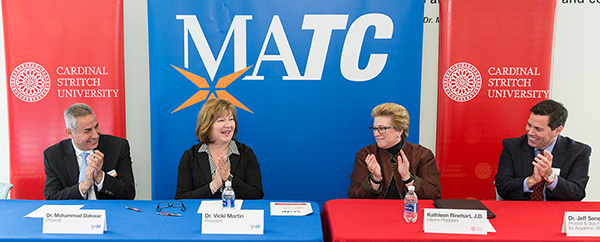 MATC Provost Dr. Mohammad Dakwar; MATC President Dr. Vicki J. Martin; Stritch Interim President Kathleen A. Rinehart, J.D.; and Stritich Provost and Vice President for Academic Affairs Dr. Jeffery Senese; were among the signers of the MATC/Stritch nursing agreement.