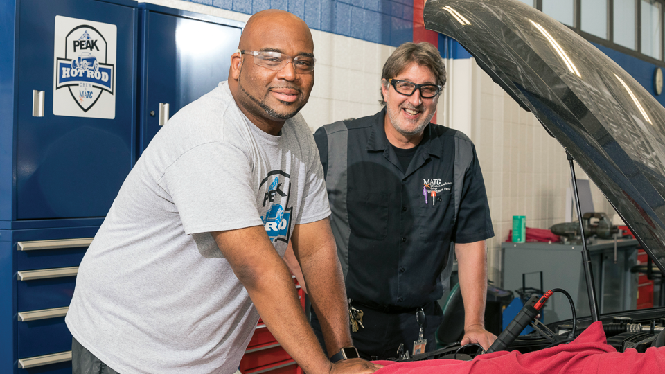 MATC alumnus Chucky Humphrey (left) and MATC automotive instructor Scott Fisler at Oak Creek Campus
