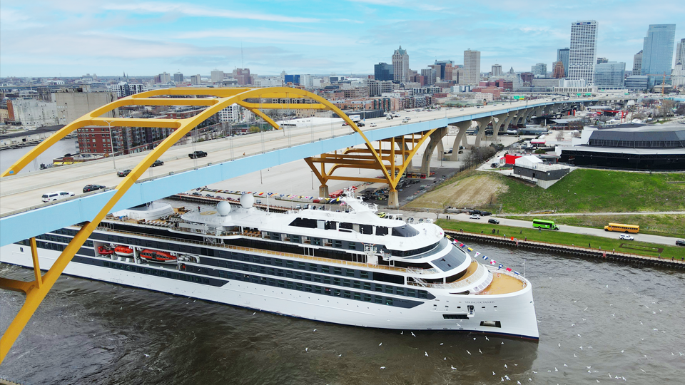 A cruise ship enters Milwaukee's busy port