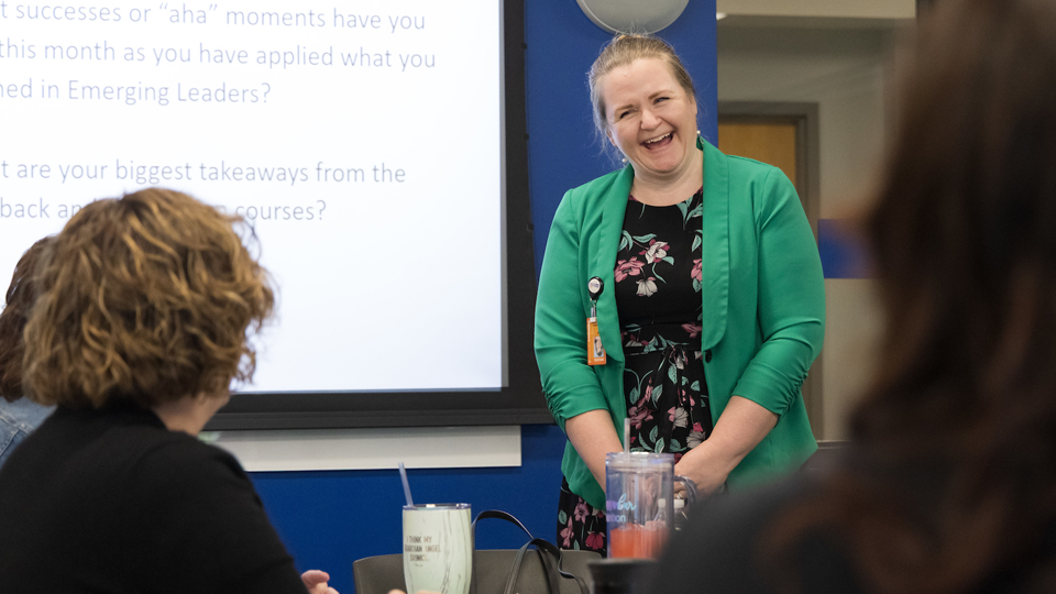 Woman speaking about leadership